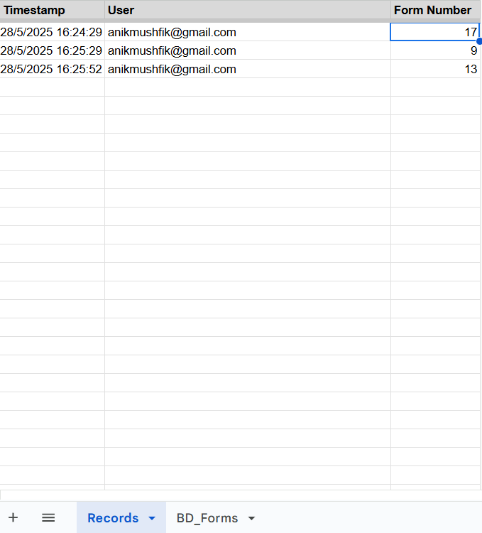 Screenshot of Records sheet logging form assignments